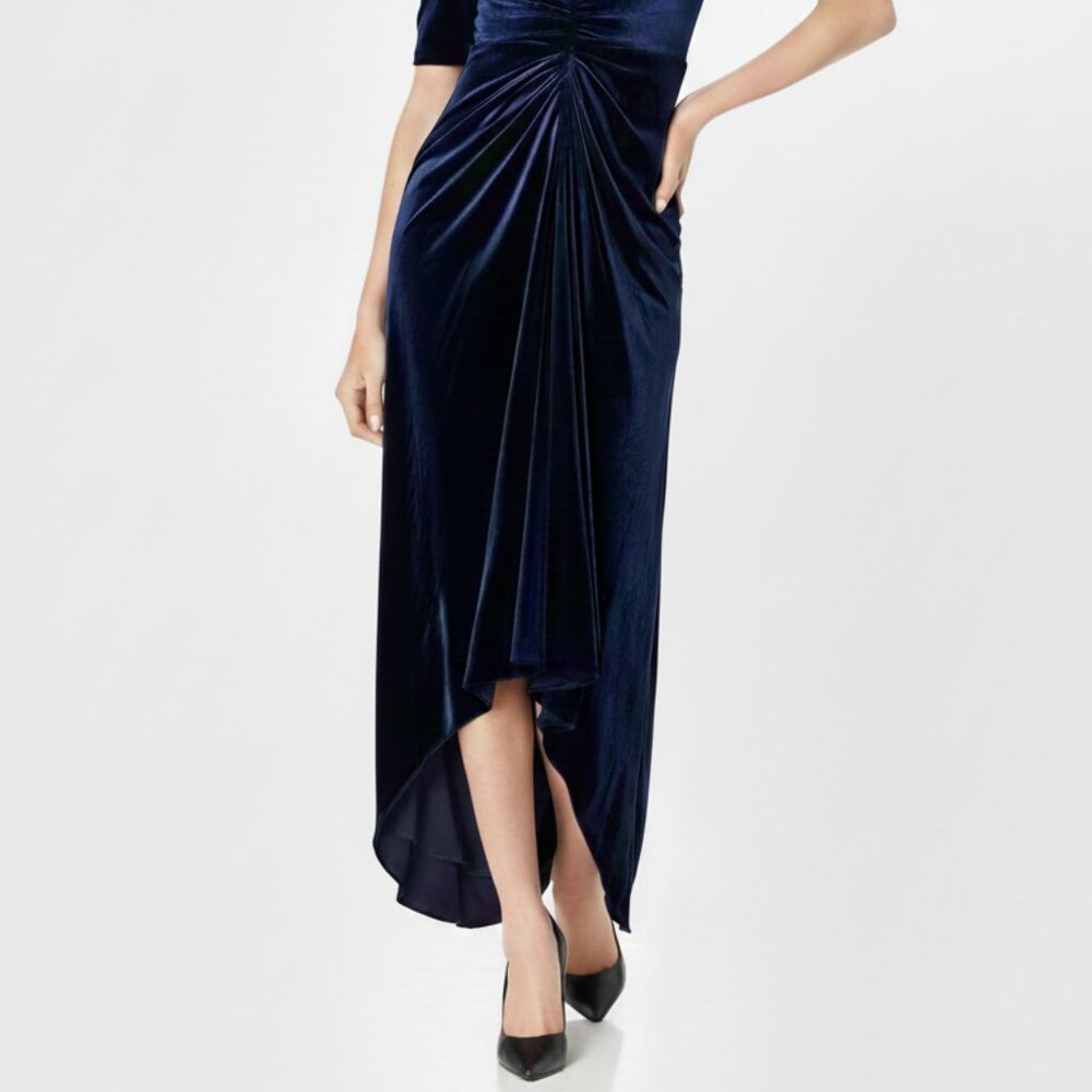 Navy Blue Velvet High-Low Dress Ruched V-Neck Wedding Guest Formal Cocktail Sz 8 - Picture 2 of 13